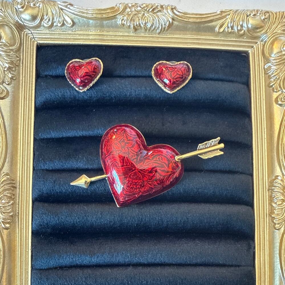 Vintage Avon “Hearts Afire” Red Guilloché Enamel Heart Brooch + Earrings